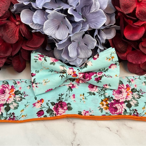 Light Blue Floral Butterfly Bow Tie and Pocket Square - Picture 2 of 16